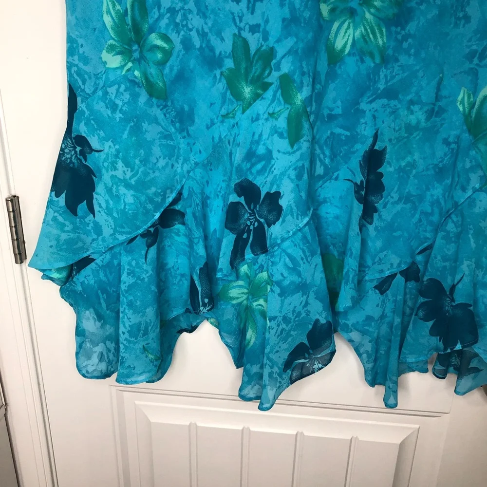 VINTAGE Y2K Fairy Floral Hawaii Tropical Ruffle Midi Skirt Blue and Green XL - Picture 3 of 11